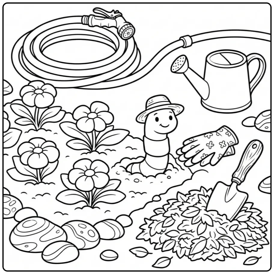 Vrolijke kleurplaat worm tussen tuingereedschap en bloemen.