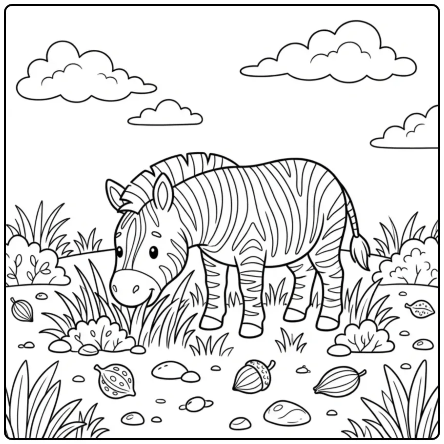 Grazende kleurplaat zebra in het gras met stenen en wolken