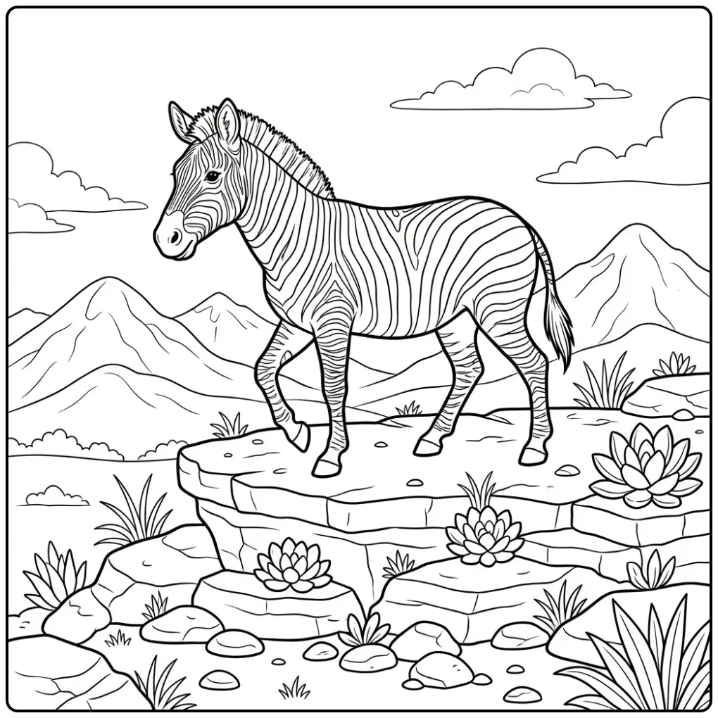 Leuke kleurplaat zebra wandelend op een rotsachtige rand.