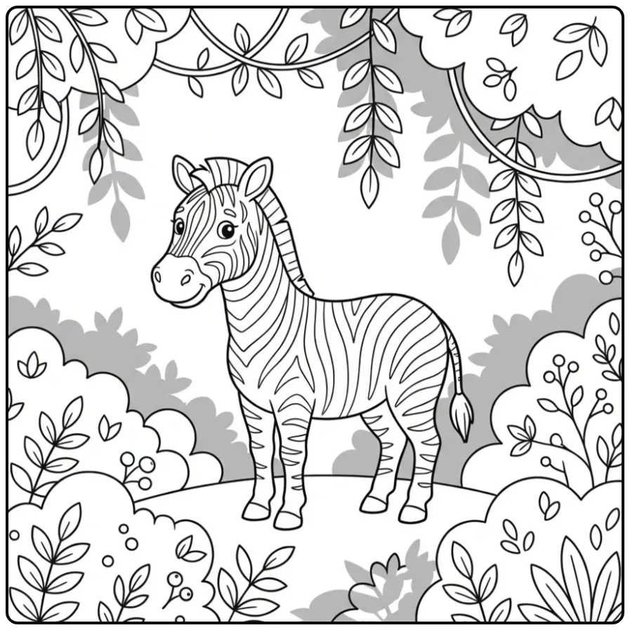 Leuke kleurplaat zebra staand bij een bosrand met bessen.