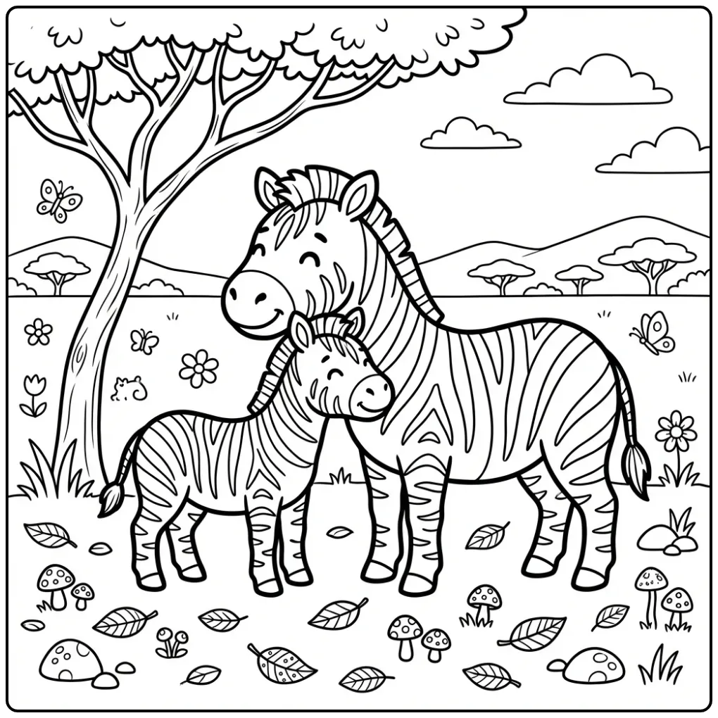 Lieve kleurplaat zebra veulen en mama onder een boom.