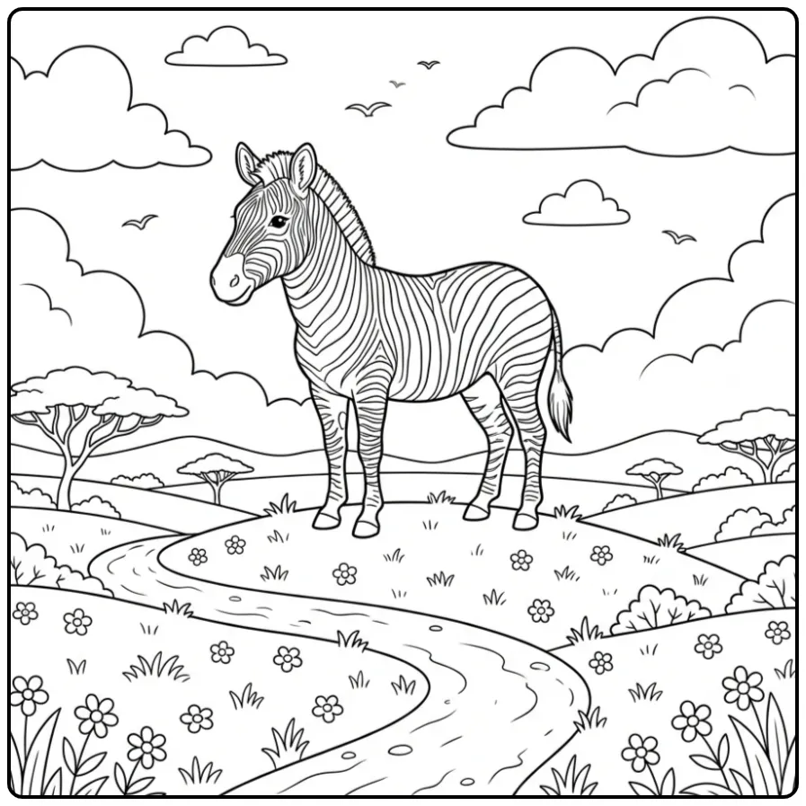 Een vrolijke kleurplaat zebra op de uitkijk met wolken.