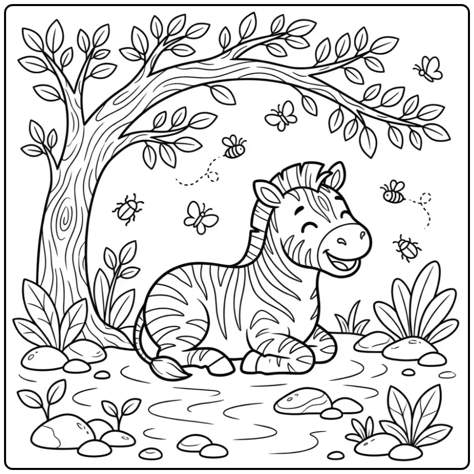 Rustende kleurplaat zebra onder een boom met takken.