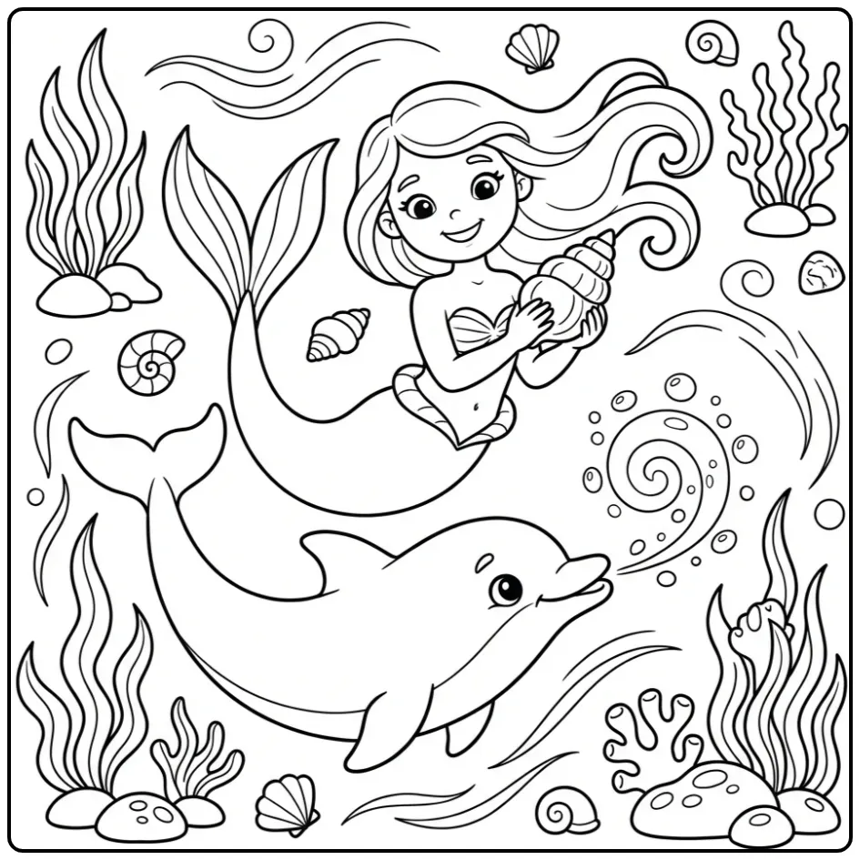 Leuke kleurplaat zeemeermin met dolfijn tussen het koraal.