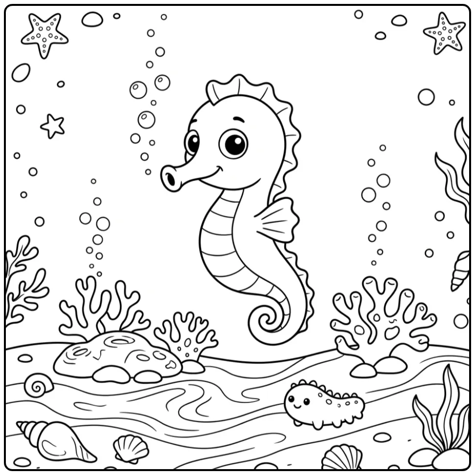 Kleurplaat zeepaardje zwemmend over zand en schelpen.