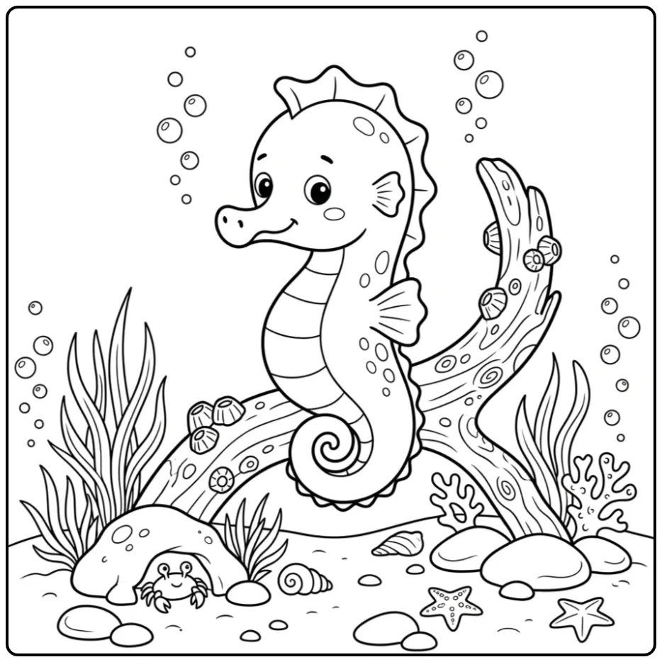 Een vrolijke kleurplaat zeepaardje op de zeebodem.