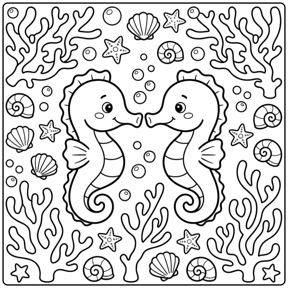 Vrolijke kleurplaat zeepaardje tussen schelpen en koraal