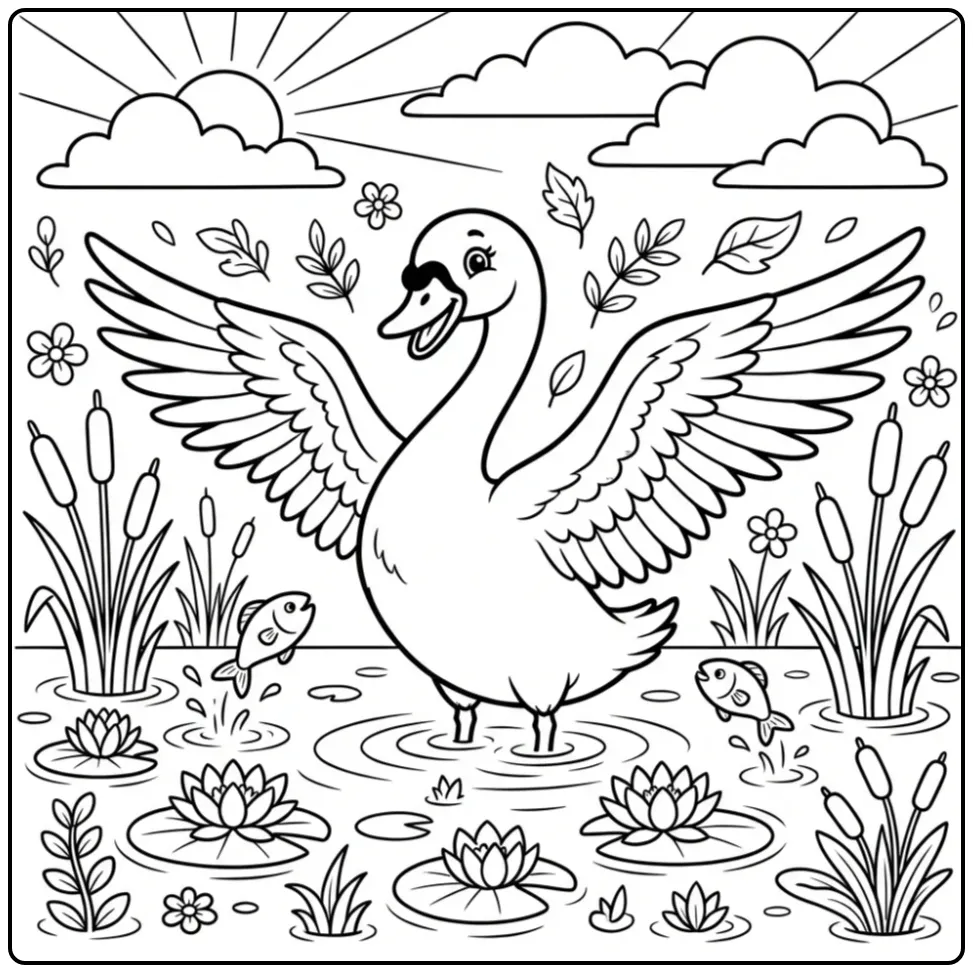 Kleurplaat zwaan die vleugels spreidt tussen riet en bloemen.