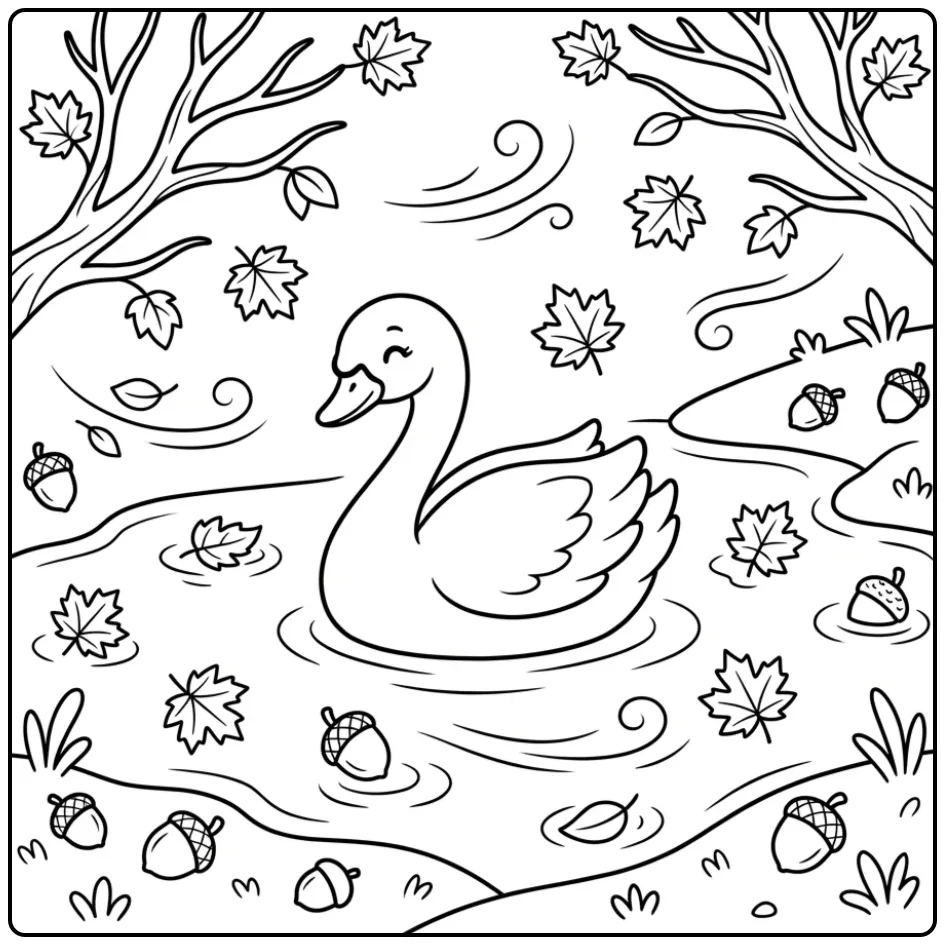 Een vrolijke kleurplaat zwaan tussen vallende herfstbladeren