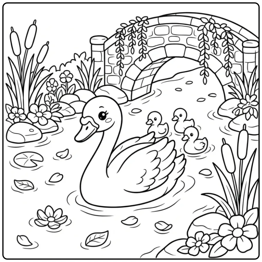 Een vrolijke kleurplaat zwaan zwemmend bij een bruggetje.