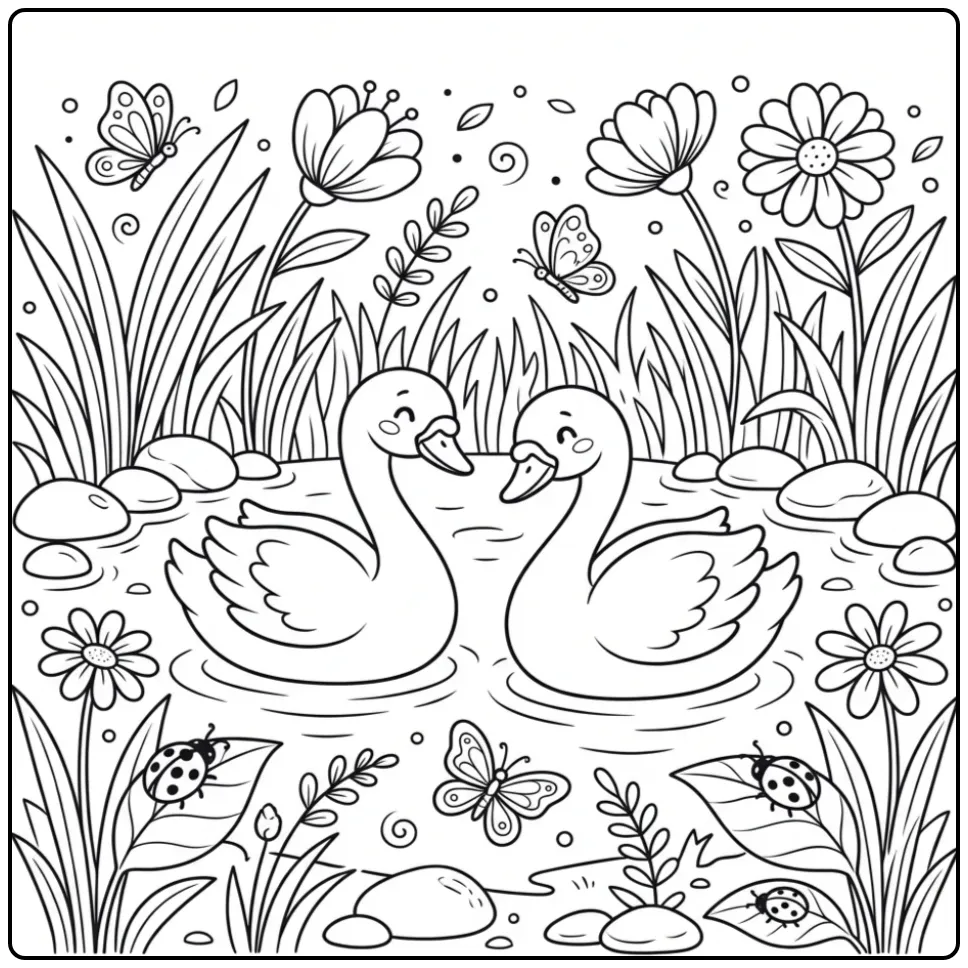 Twee zwanen in het water op deze kleurplaat zwaan.