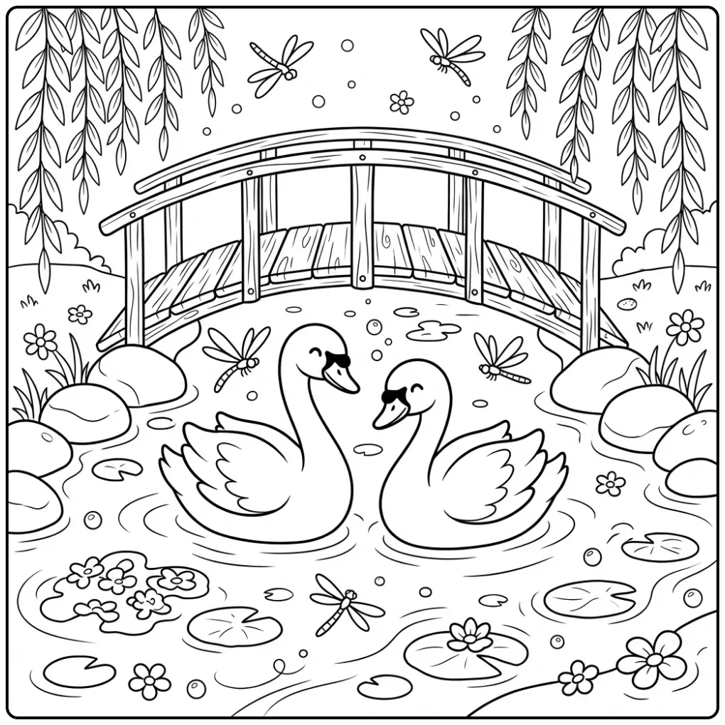 Kleurplaat zwaan met twee zwanen en libellen.