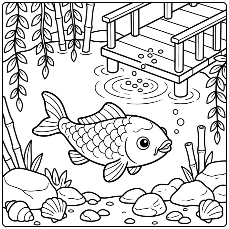 Een leuke koi karper kleurplaat met voerpellets in de vijver.