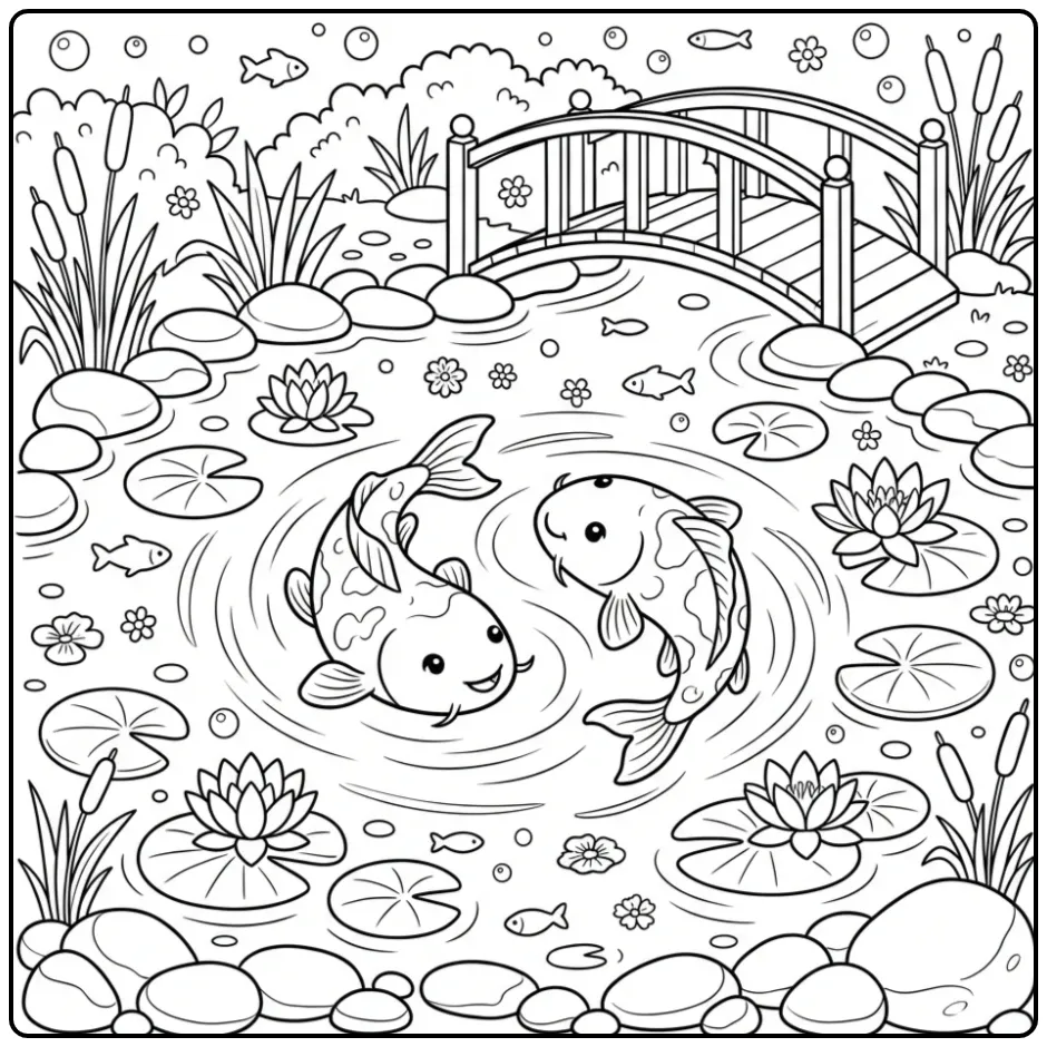 Vrolijke koi karper kleurplaat met waterlelies en brug.