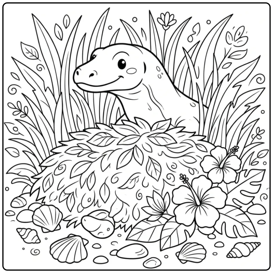 Nieuwsgierige komodovaraan kleurplaat achter bladeren.