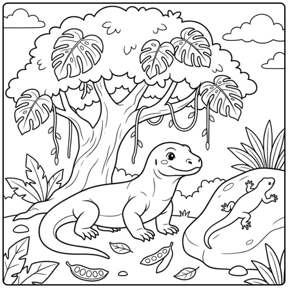 Leuke komodovaraan kleurplaat van een draak onder een boom.