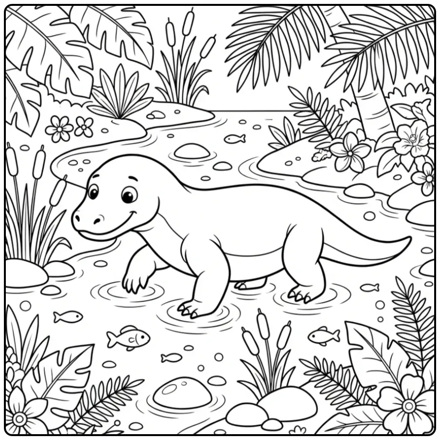 Cartoon komodovaraan kleurplaat in een rivier met stenen.