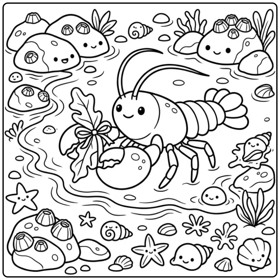 Leuke kreeft kleurplaat die zeewier draagt in een getijdenpoel.