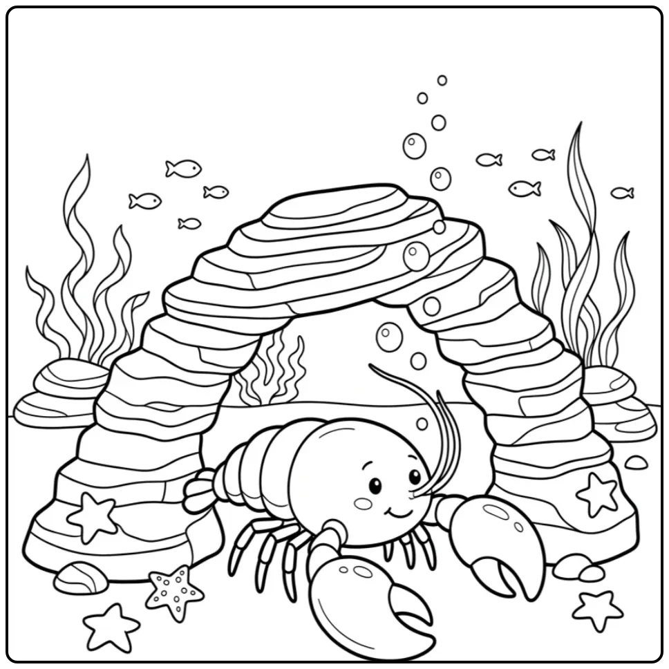 Een leuke kreeft kleurplaat onder een stenen boog met vissen.