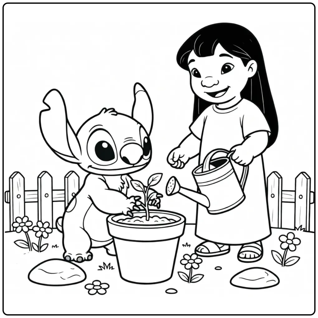 Lilo en Stitch kleurplaat tuinieren met bloempot en gieter.