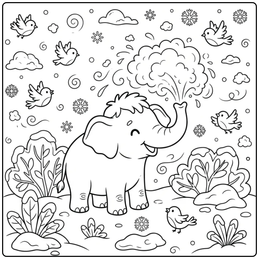 Speelse baby mammoet kleurplaat in de sneeuw.