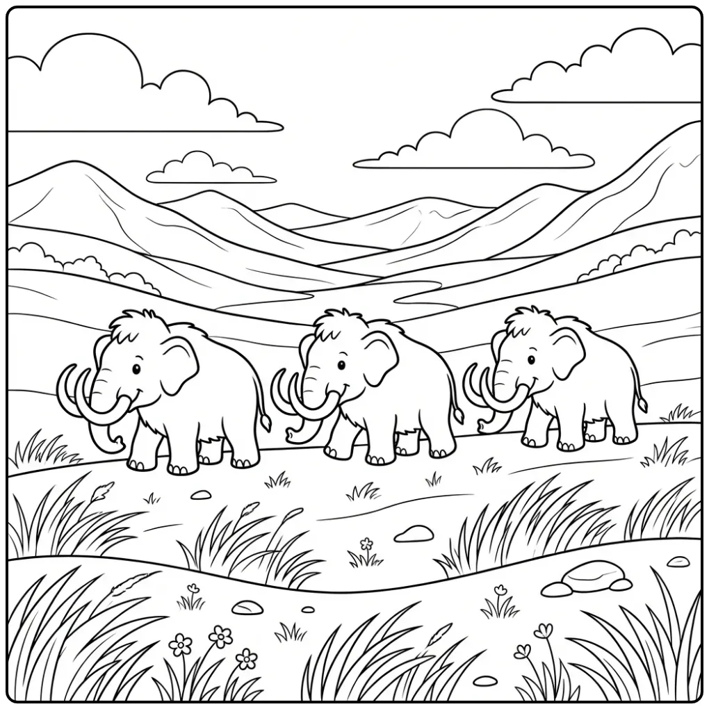 Vrolijke mammoet kleurplaat met wandelende dieren