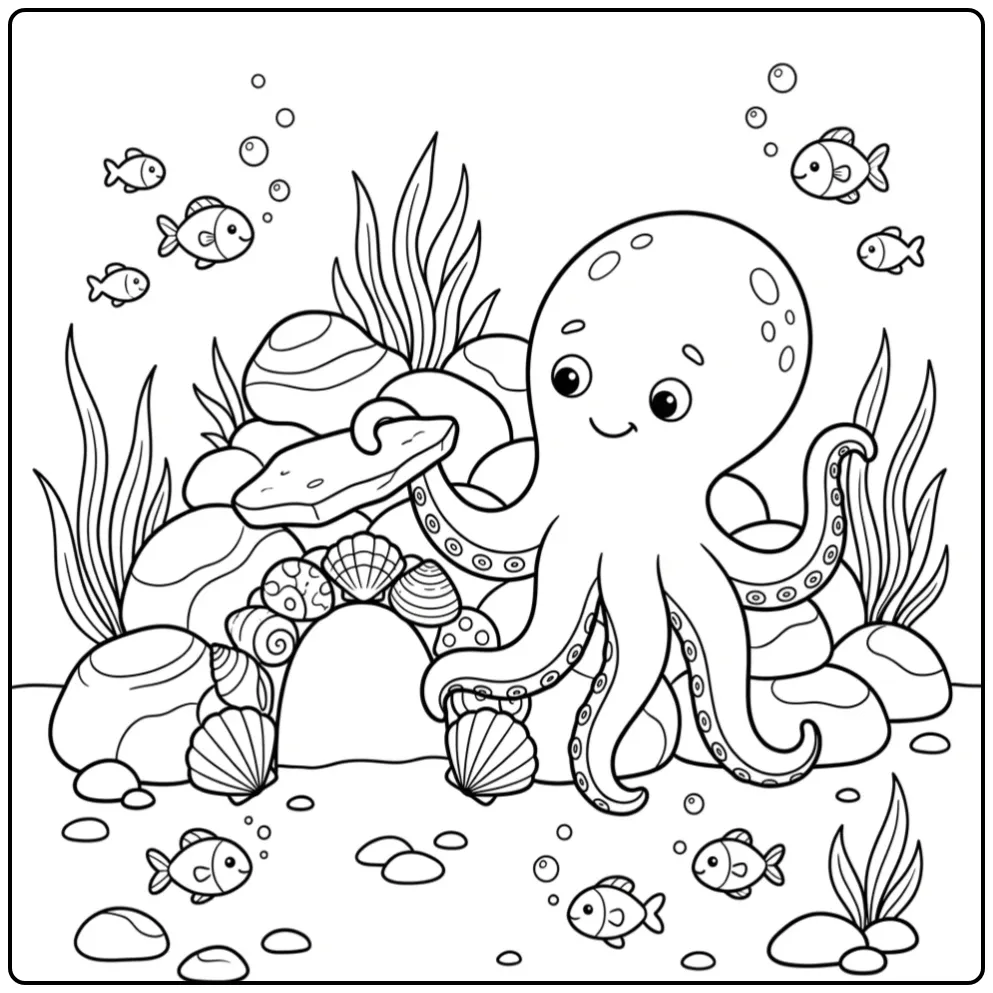 Een leuke octopus kleurplaat die zijn holletje bewaakt.