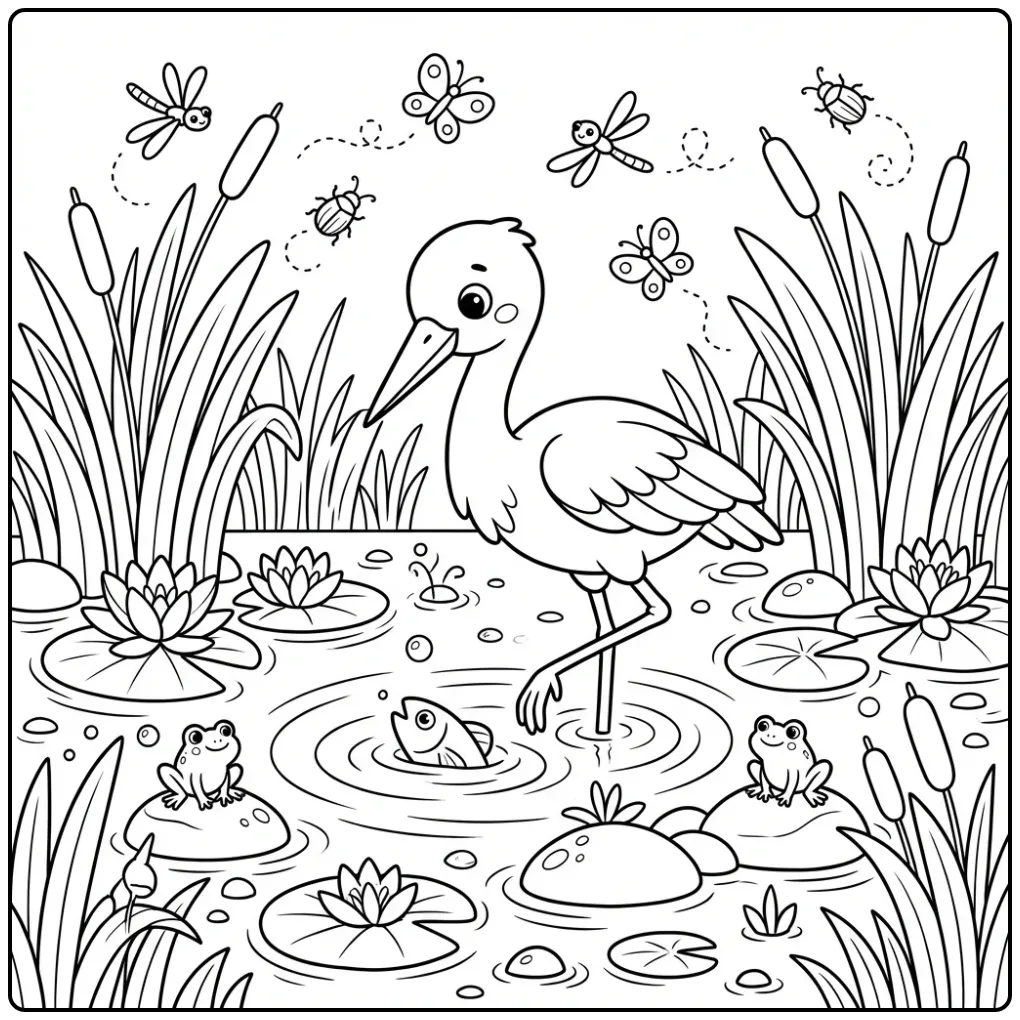 Vrolijke ooievaar kleurplaat wadend in het water.