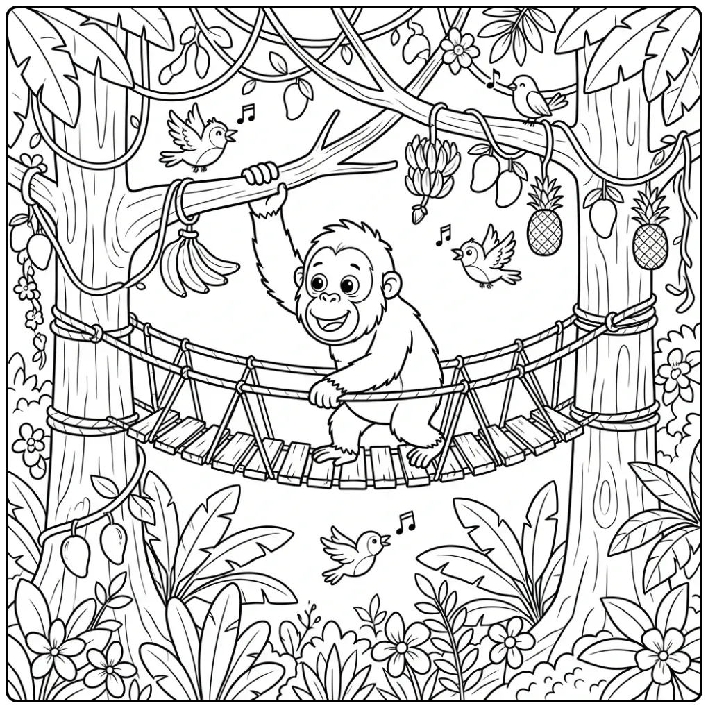 Een leuke orang oetan kleurplaat tussen de bomen en lianen.