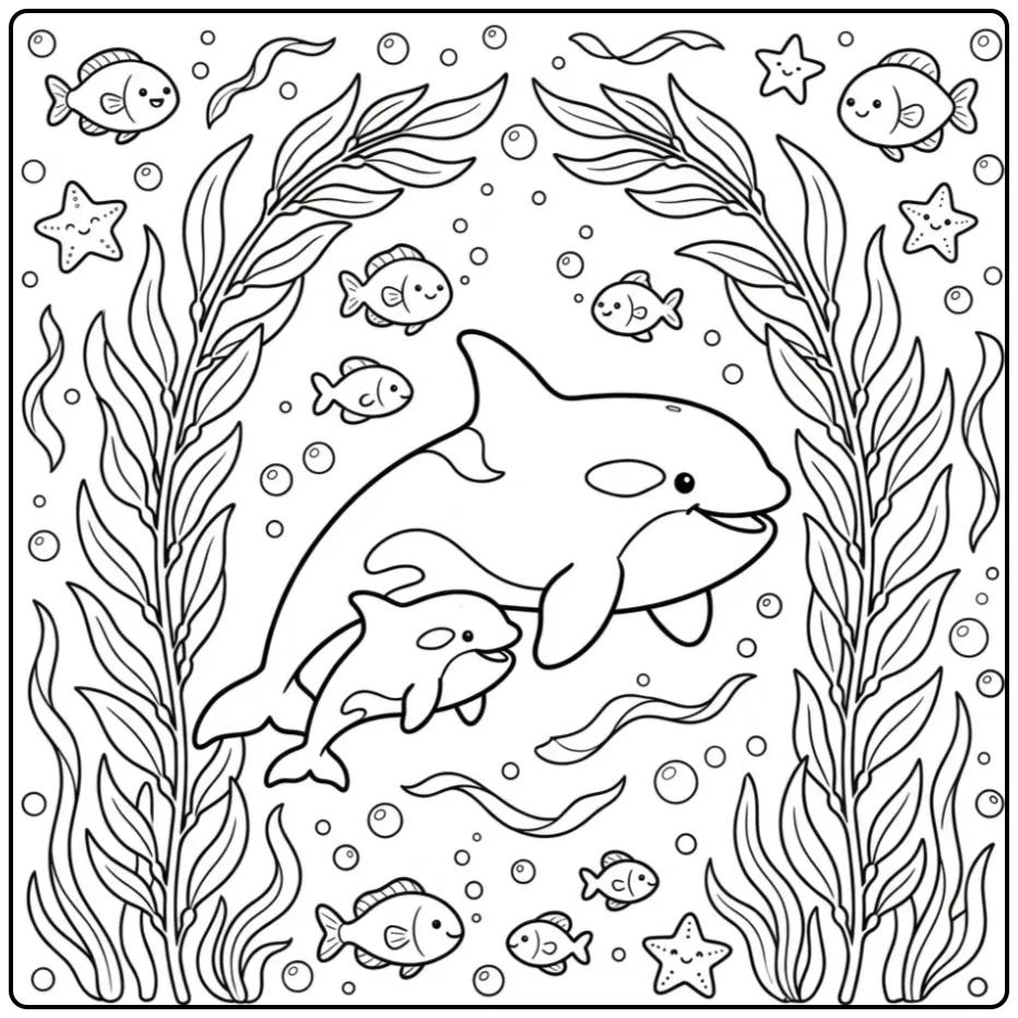 Leuke orka kleurplaat van moeder en baby tussen zeewier.