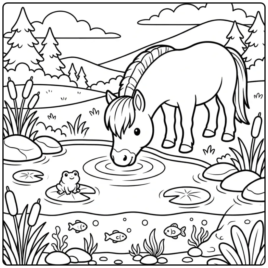 Een leuke paarden kleurplaat fjord met kikker en water.