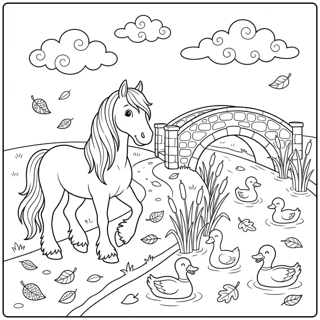 Een leuke paarden kleurplaat fries wandelend langs water.