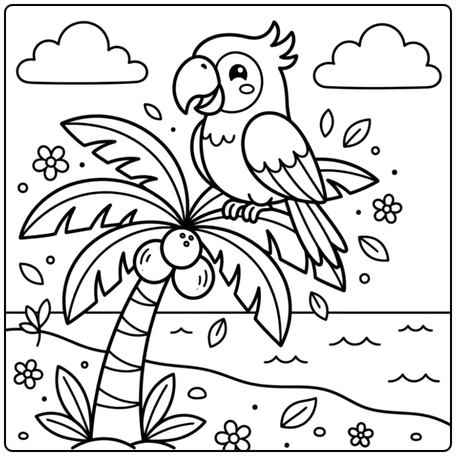 Papegaai kleurplaat makkelijk in een palmboom met kokos.