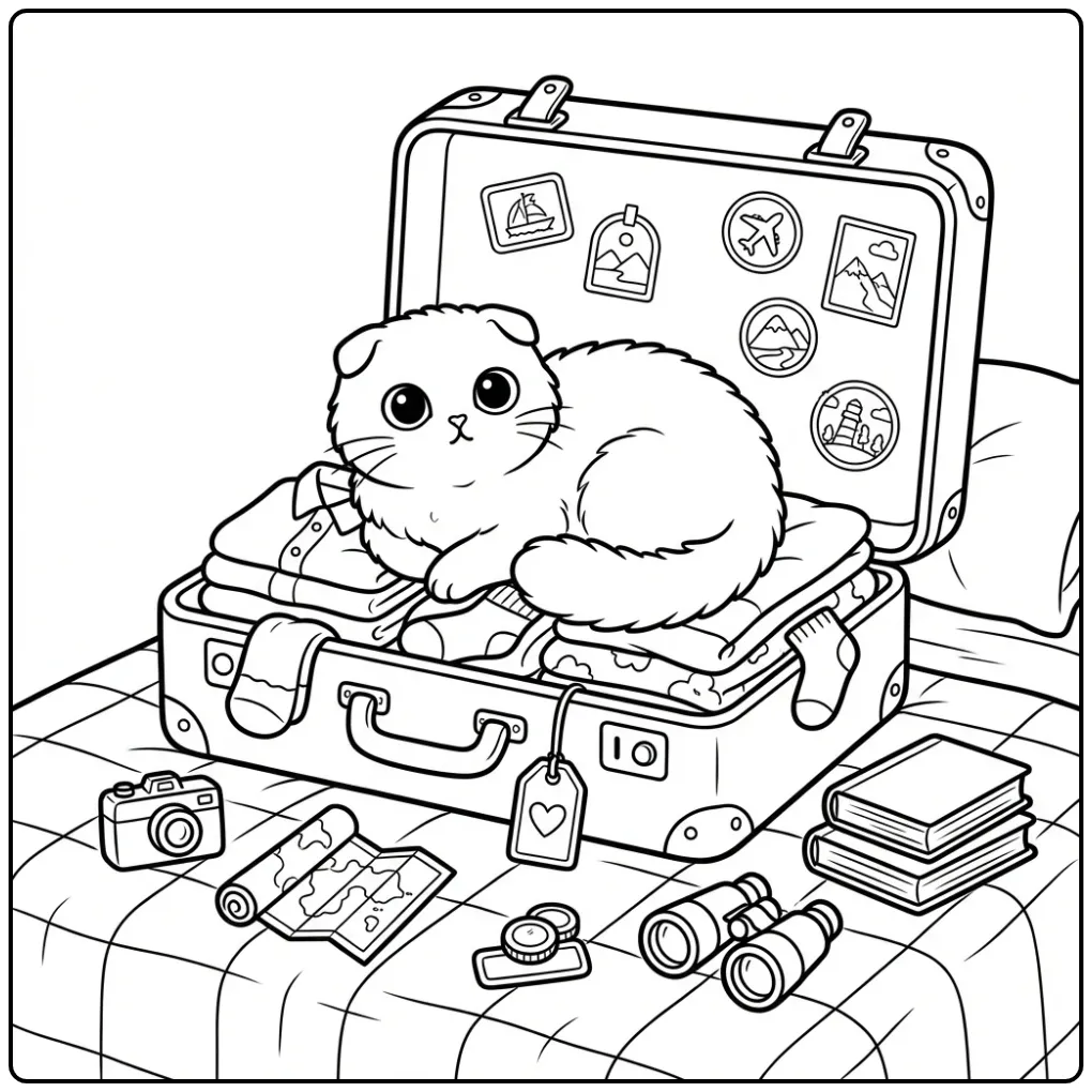 Scottish Fold poes kleurplaat slapend in een reiskoffer.