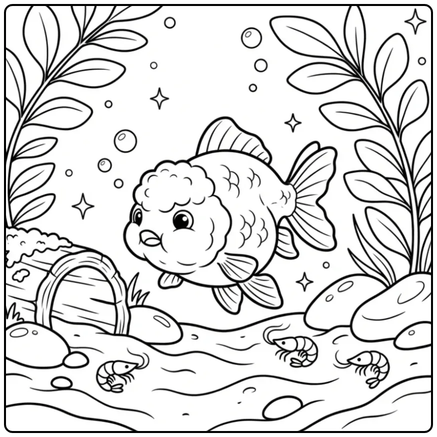 Leuke goudvis kleurplaat met plantjes en stenen