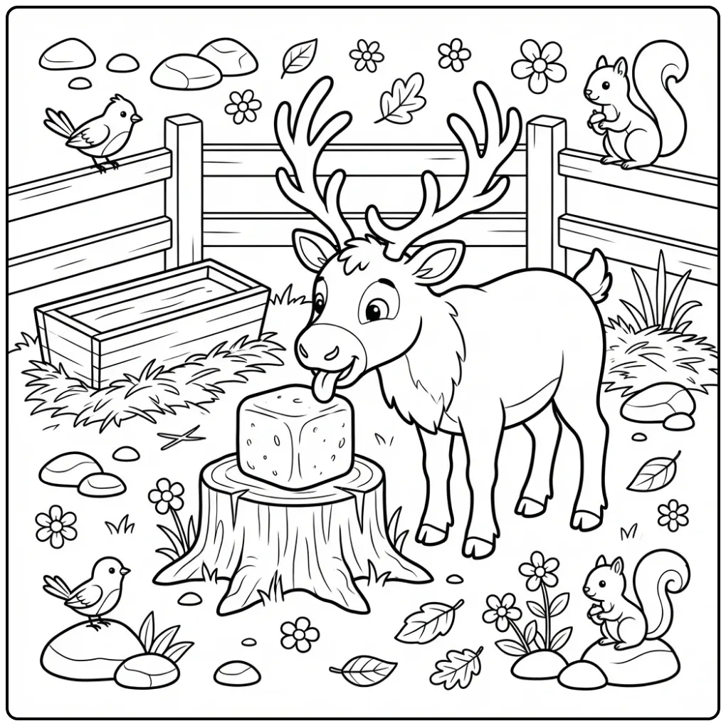 Lief rendier kleurplaat likt aan een zoutblok.