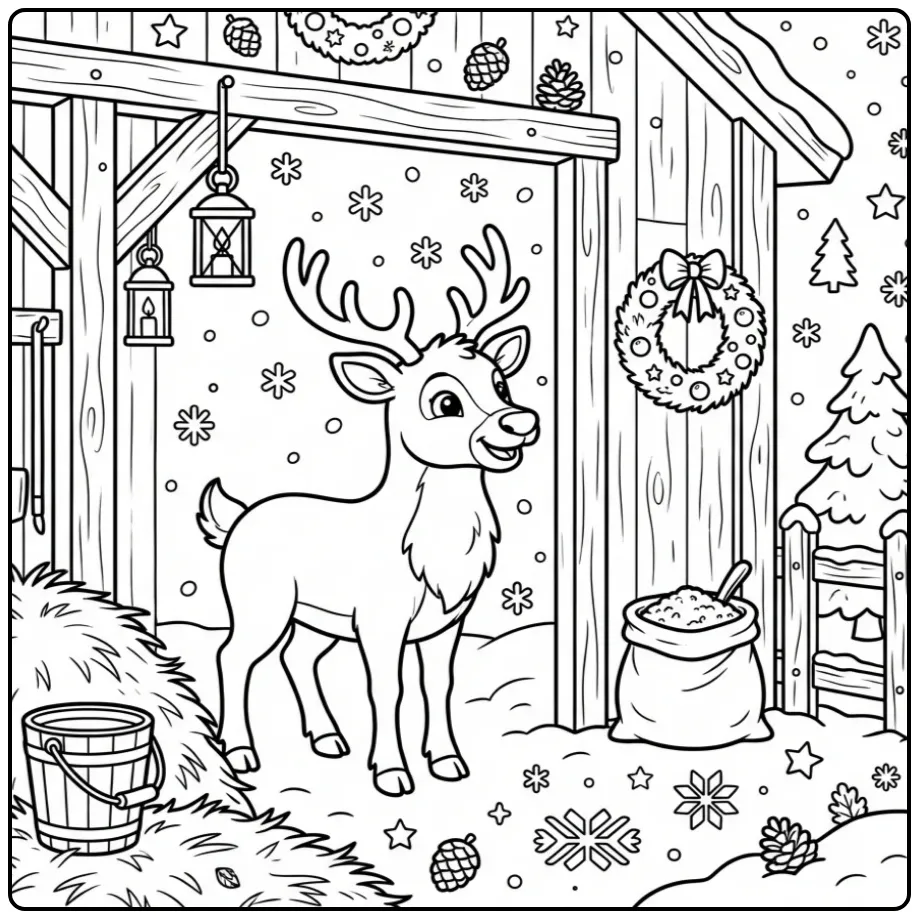 Rendier kleurplaat kijkend naar sneeuw vanuit de stal