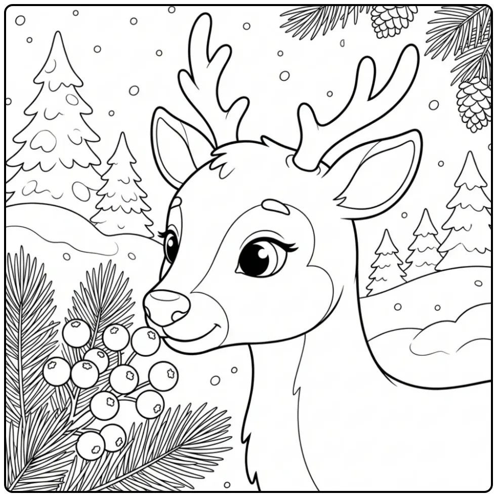 Close-up van een rendier kleurplaat met winterbessen.