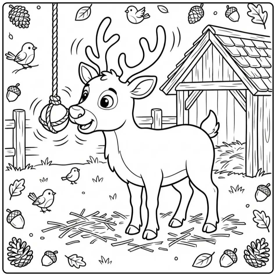 Vrolijke rendier kleurplaat die speelt met touw en bal.