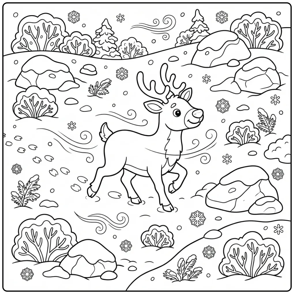 Een leuke rendier kleurplaat in een besneeuwd dal met struiken.