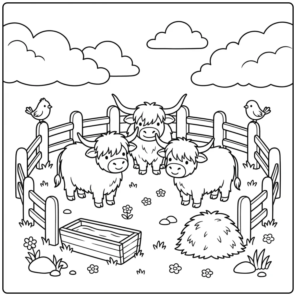 Drie koeien op een schotse hooglander kleurplaat in de wei.