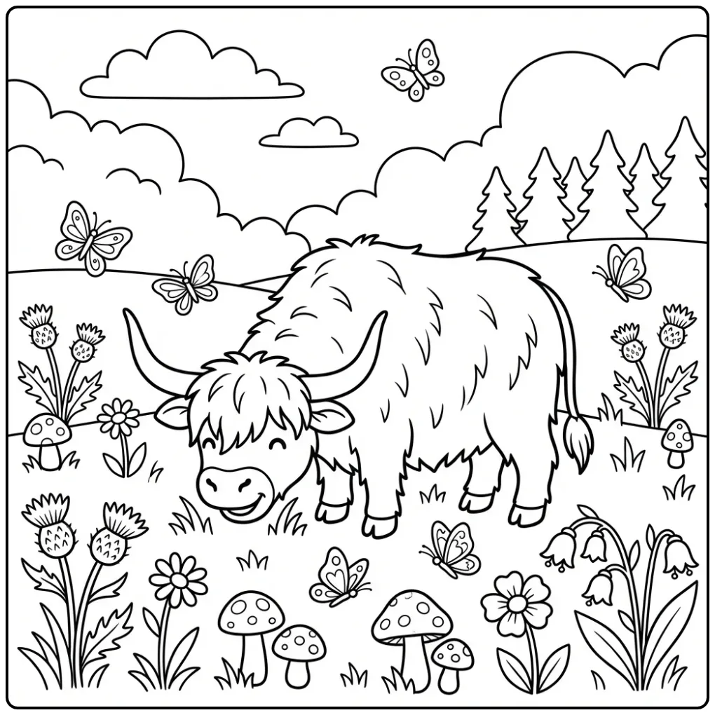 Leuke schotse hooglander kleurplaat in een bloemenwei.