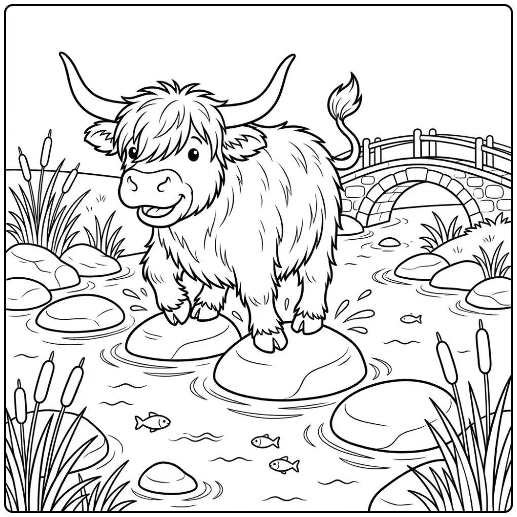 Koe steekt beek over: schotse hooglander kleurplaat.