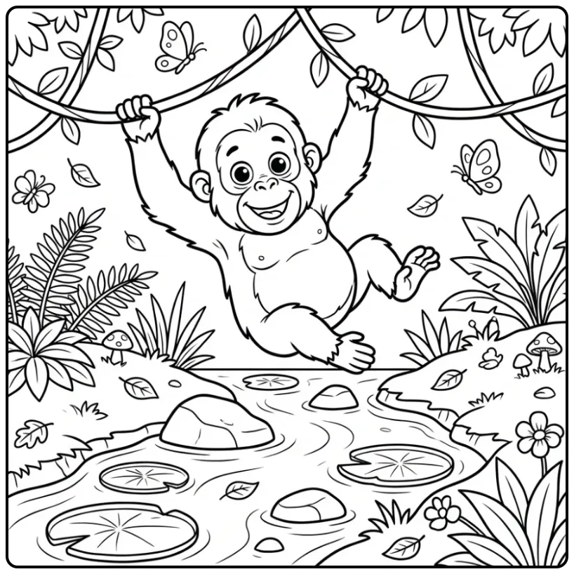 Jonge aap slingert op deze orang oetan kleurplaat met lianen.