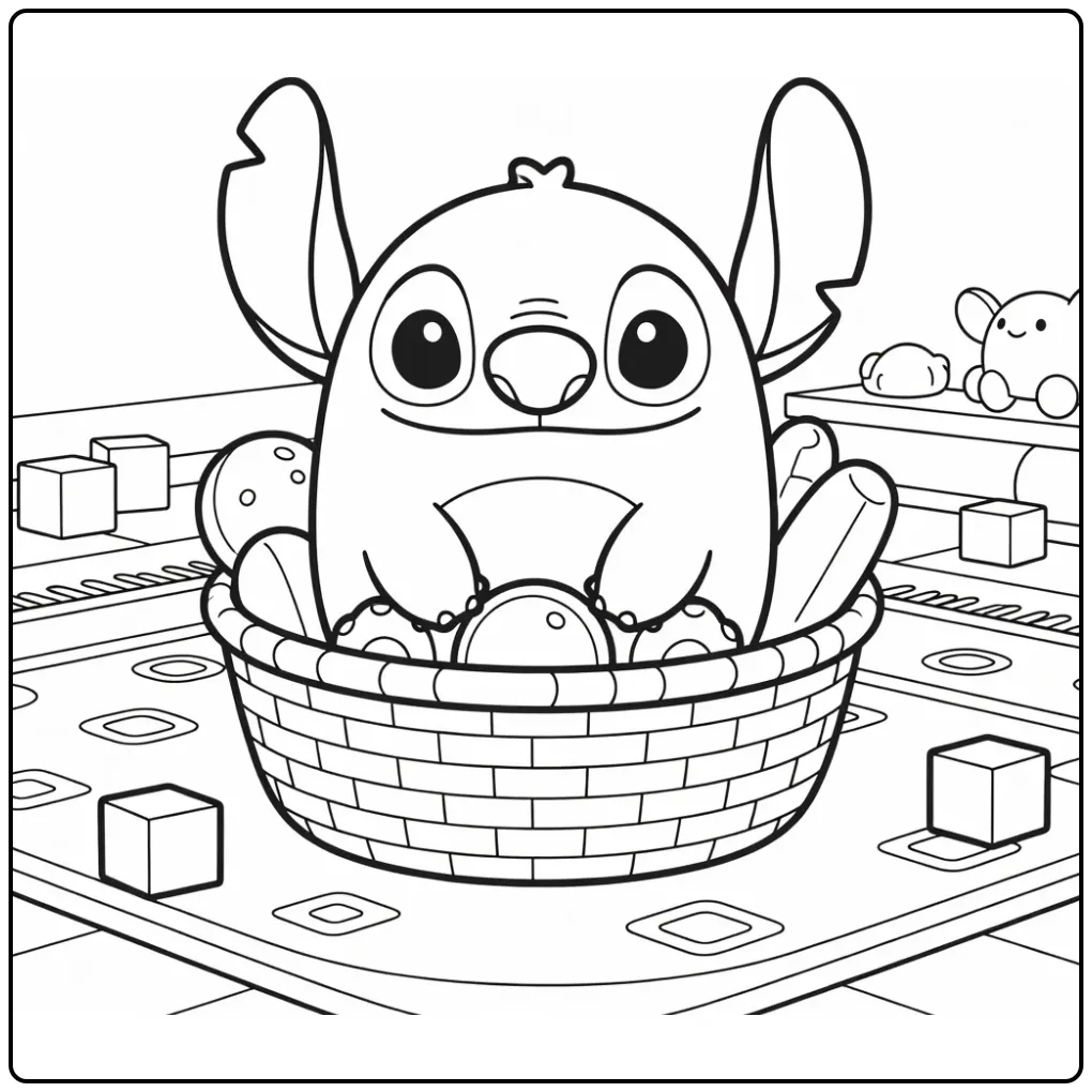 Lieve squishmallow kleurplaat stitch met speelgoedblokken.