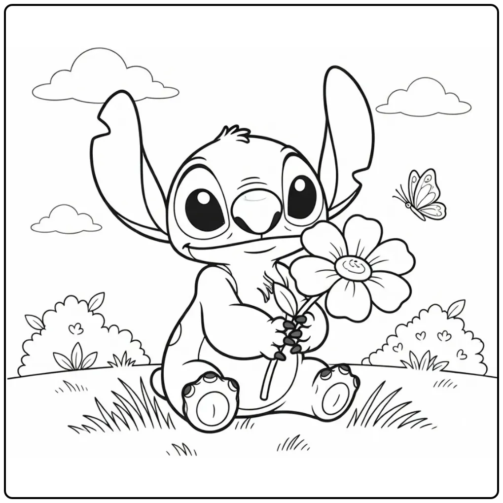 Stitch kleurplaat makkelijk zittend in gras met bloem