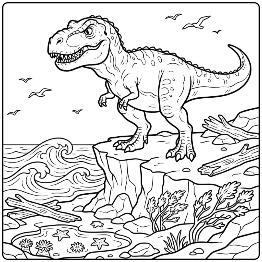 Een T rex kleurplaat met golven en zeevogels.