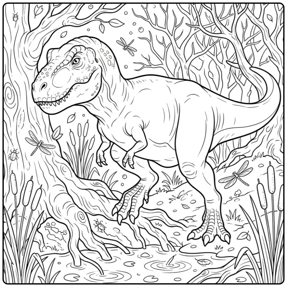 Cartoon T rex kleurplaat stappend tussen grote boomwortels.