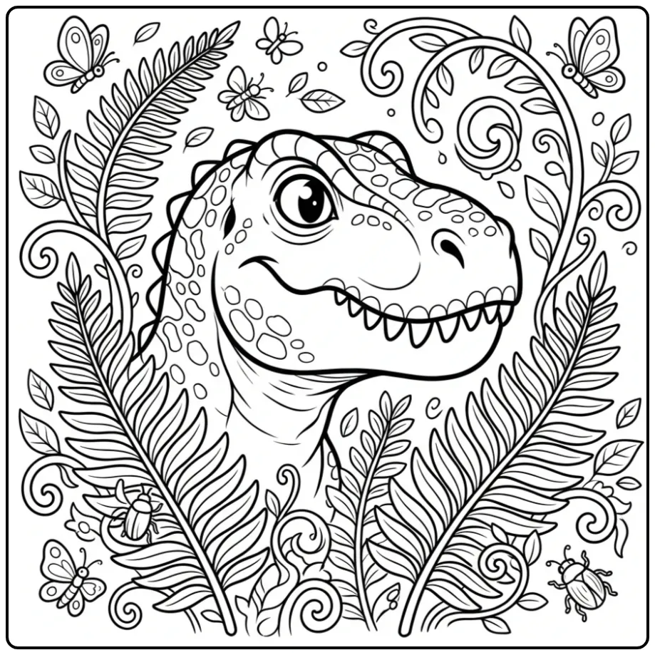 Close-up T rex kleurplaat tussen de varens.