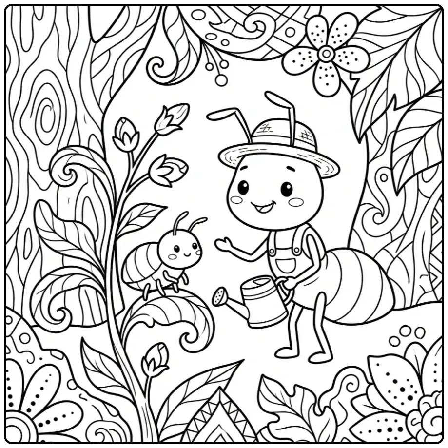 Leuke kleurplaat mier die zorgt voor een plant en bladluis.